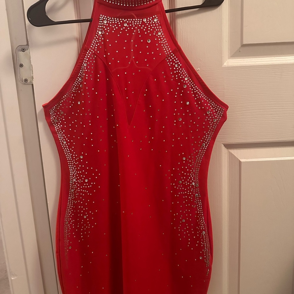 Elegant Red Rhinestone Halter Dress